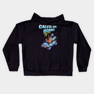 Calvin and hobbes riding a jeep goes to vacation Kids Hoodie